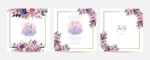 Corner of pink rose flowers arrangement on wedding invitation background Floral watercolor design