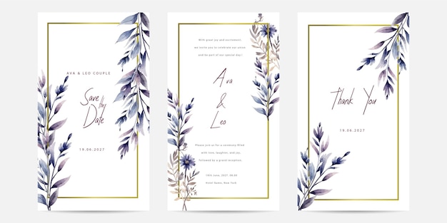 Corner of purple eucalyptus flower arrangement on wedding invitation background Rustic wedding card