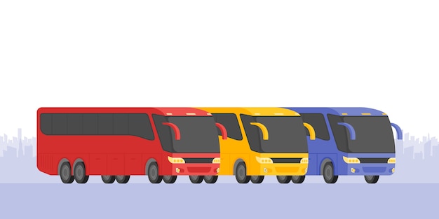Corner view three bus on the road vector illustration