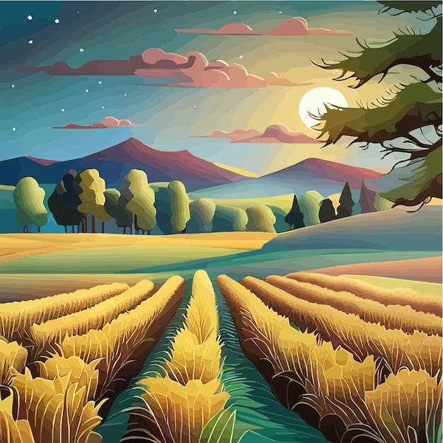 Vector cornfield landscape vector illustration cartoon landscape with tall corn stems on a sunny day