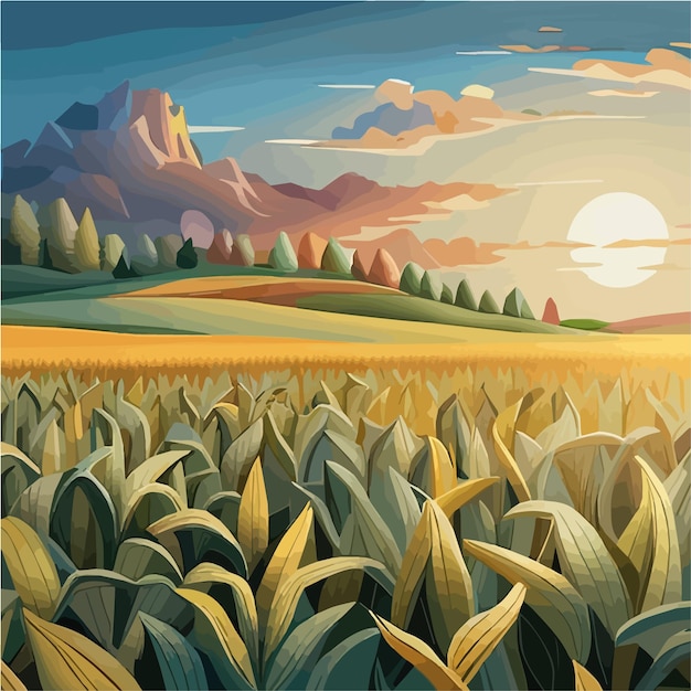 Vector cornfield landscape vector illustration cartoon landscape with tall corn stems on a sunny day