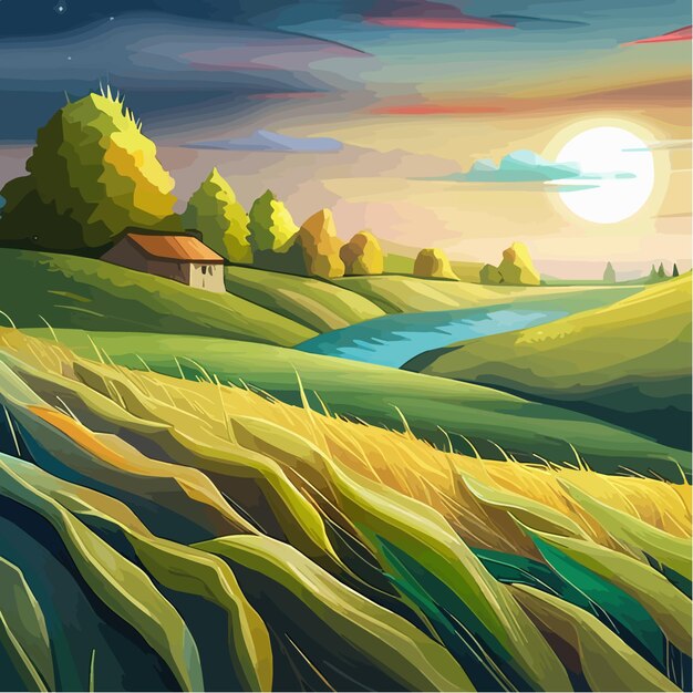 Vector cornfield landscape vector illustration cartoon landscape with tall corn stems on a sunny day