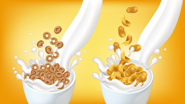 Vector cornflakes in milk splash mockup