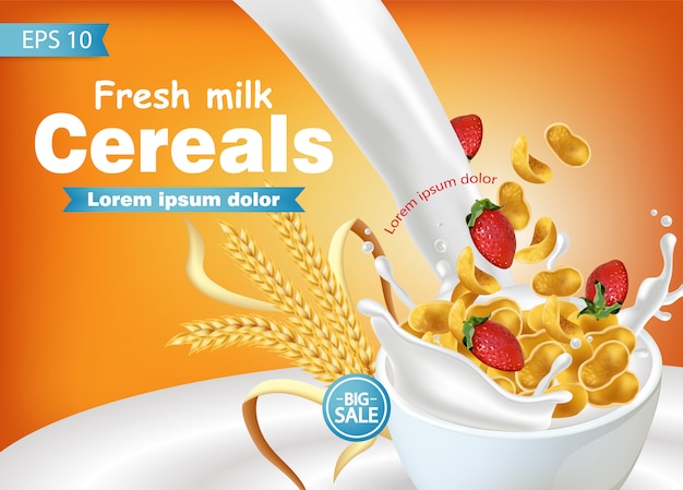 Vector cornflakes in milk splash realistic mockup