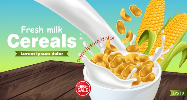 Vector cornflakes in milk splash realistic mockup