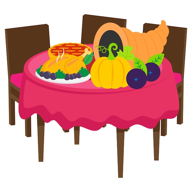 Vector cornucopia decorated with traditional thanksgiving dinners table concept vector icon design thanks