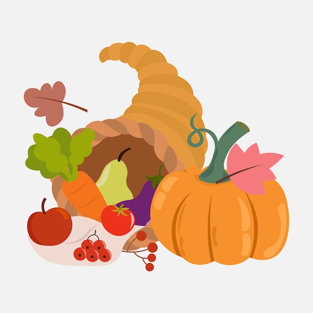 cornucopia full of pumpkins berrys wheat and autumn leaves