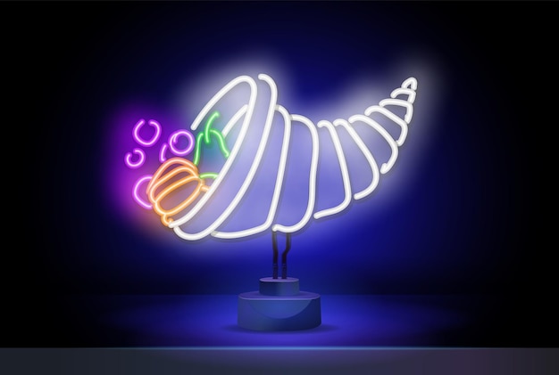 Cornucopia neon icon horn of plenty autumn crop fall harvest concept vector illustration can be used...