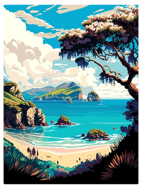 Coromandel new zealand vintage travel poster souvenir postcard portrait painting wpa illustration