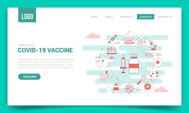 コロナcovid-19ワクチンの概念とウェブサイトテンプレートまたはランディングページバナーホームページアウトラインスタイルイラストの円アイコン