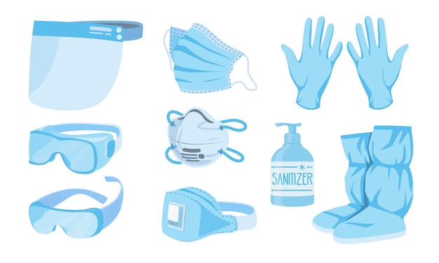 Костюм Corona Медицинские элементы индивидуального защитного костюма Перчатки, дыхательная маска и респиратор, дезинфицирующий гель и очки, лицевой щиток, вектор, промышленное защитное оборудование, изолированный набор
