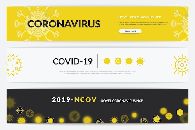 Corona virus banner Gevaarlijk 2019NCOV ziekte longontsteking en griep preventie verspreiding Covid19 flyer collectie Web posters met tekst en knoppen Vector ziekte rapportage set