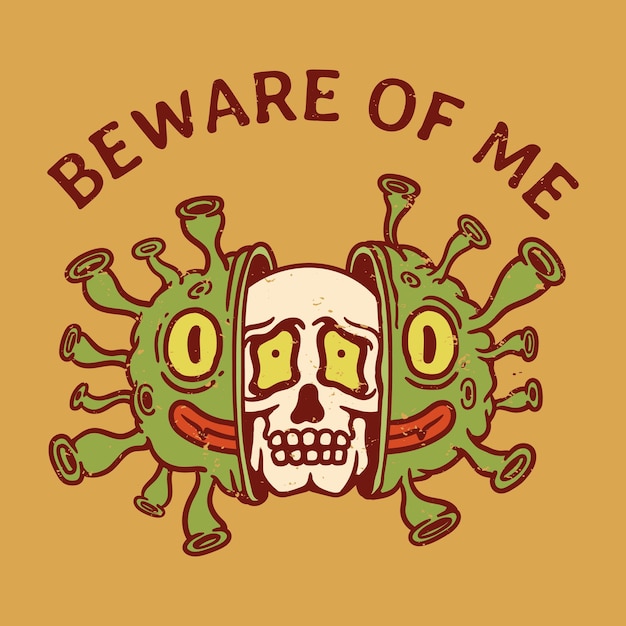 Corona virus character illustration splits and a skull emerges from it on orange background