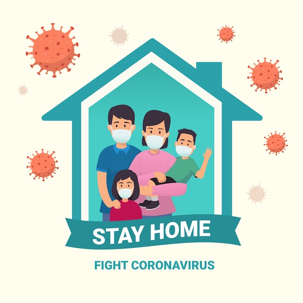 Corona virus covid-19 campaign to stay at home. lifestyle activity that you can do at home to stay healthy. one family uses face masks. fight cornavirus. flat design