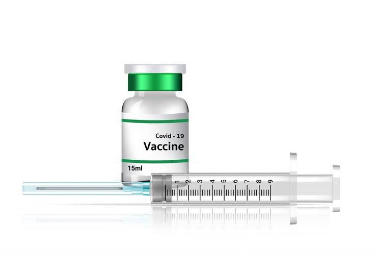 Corona-virus, Covid-19-vaccinfles en injectie. Realistisch transparant glas voor de wetenschap. Gezondheidszorg en medisch conceptontwerp.