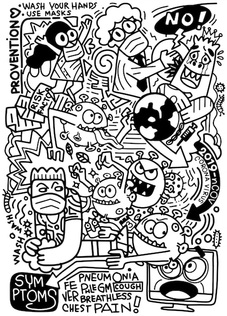 Vector corona virus doodle schets en illustratie