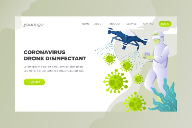 Vettore disinfettante per droni corona virus - pagina di destinazione vettoriale