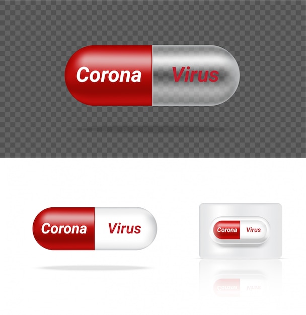 コロナウイルス医学。現実的な透明な錠剤カプセル