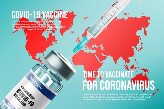 Coronavaccin. Vaccinatie in de wereld, fles en spuit