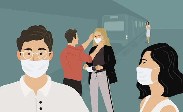 Vettore coronavirus 2019-nc0v. le persone in metropolitana in maschera protettiva. illustrazione piatta