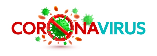 Coronavirus 2019-ncov-banner met stopbord en groene viruscellen op witte achtergrond