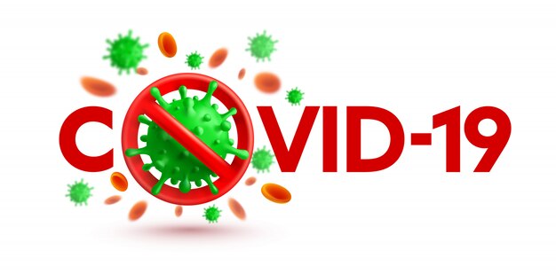 Banner di coronavirus 2019-ncov con segnale di stop e cellule virali verdi su sfondo bianco