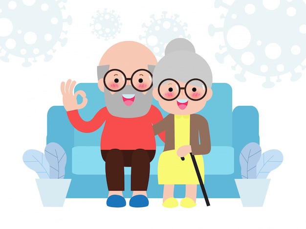 коронавирус (2019-nCoV) COVID-19, пожилые супружеские пары проводят дома кампанию по повышению осведомленности в социальных сетях и профилактику коронавируса, развивают образ счастливой семейной жизни и остаются вместе дома на белом фоне