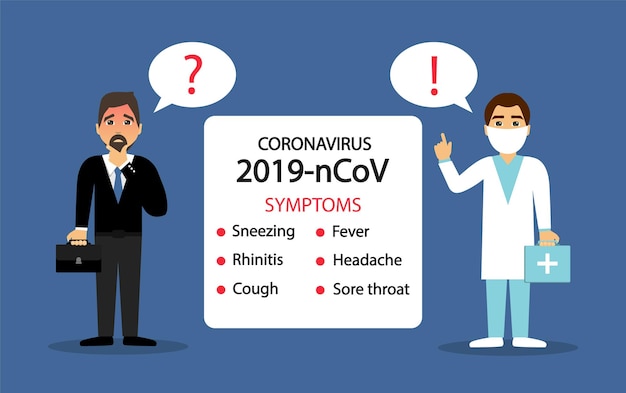 코로나 바이러스 2019-nCoV. 의사는 환자에게 코로나 바이러스 증상을 보여줍니다. 바이러스 감염의 위험이 있습니다.