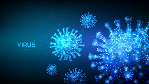 Coronavirus 2019-ncov новый коронавирус низкополигональная абстрактная концепция. микроскопический взгляд клеток вируса закрывает вверх.