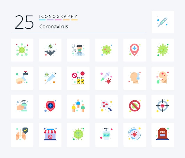 벡터 코로나 바이러스 25 병원체 감염 독감 약 병원을 포함한 플랫 컬러 아이콘 팩