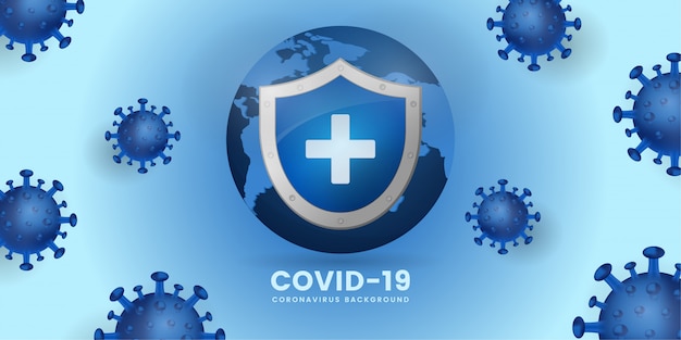 Vettore sfondo di coronavirus, scudo per proteggere il mondo