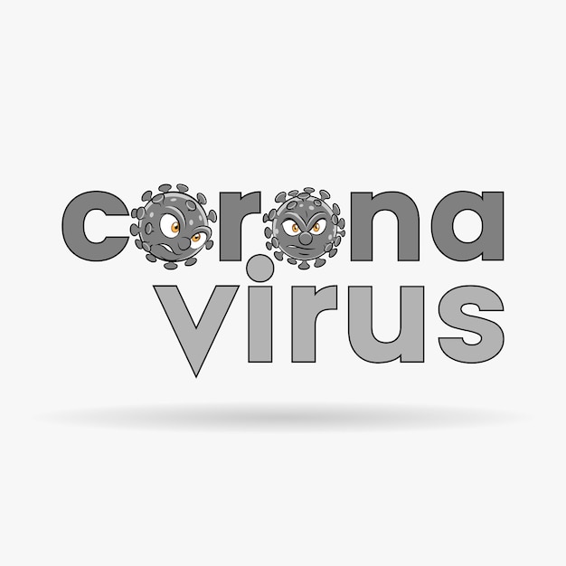 Vettore teste dei cartoni animati di coronavirus e lettere minuscole grigie con contorni neri