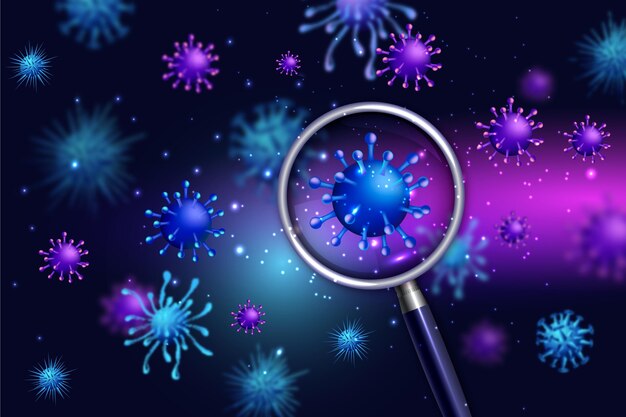 Vector coronavirus cell look through a magnifying glass background