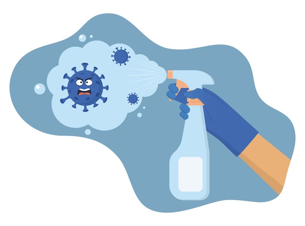 Coronavirus character scared of spraying sanitizer