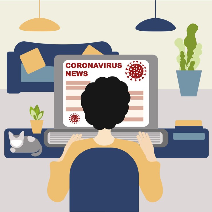 Vector coronavirus concept news a man is sitting at his laptop reading the coronavirus news virus concept 2019ncov covid19