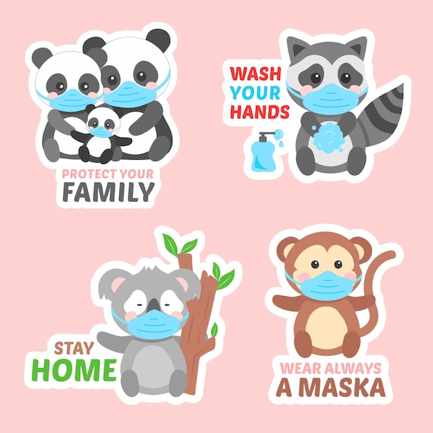 Coronavirus concept stickers with cute animals