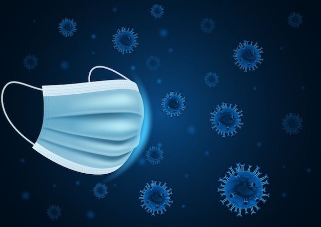 コロナウイルスの概念。青色の背景にウイルスからの保護をマスクします。図