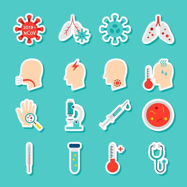 Coronavirus CoV-stickers. Vector illustratie vlakke stijl. Verzameling van medische symbolen.
