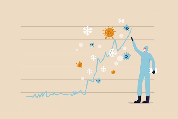 Vector coronavirus covid-19 cases spike rising up in winter holiday or cold and fever season concept, medical front line staff standing with spike covid-19 cases chart or graph with winter snow and virus.