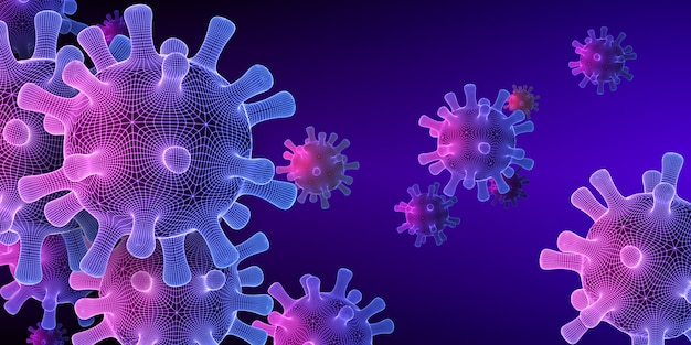 Vettore coronavirus covid-19 background medico con tecnologia in stile schematico virus a griglia fluttuante nell'astrazione scientifica blu e viola