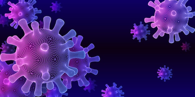 Vector coronavirus covid-19 medical background with technology styled schematic grid viruses floating in blue and purple scientific abstraction