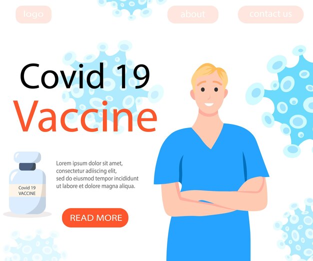 Sfondo del sito web di vaccinazione contro il coronavirus covid 19. banner medico della campagna sanitaria. illustrazione piana di vettore colorato.