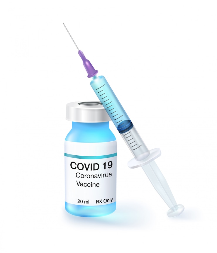 Vector 코로나 바이러스 (covid-19) 백신, 주사기 및 용량 병 백신 현재 전 세계에 퍼져있는 새로운 바이러스 변종으로부터 감염을 막기 위해. 현실적인 파일.
