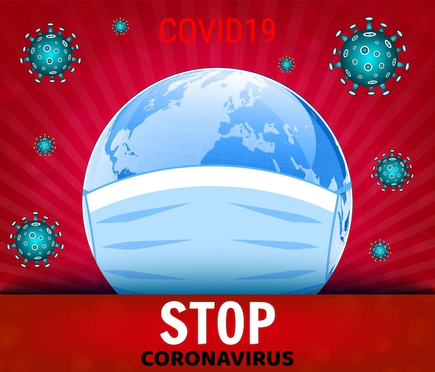 Coronavirus COVID19-concept Aarde in een medisch masker Gevaarlijke Chinese nCoV-coronavirusuitbraak Pandemisch medisch concept met gevaarlijke cellen Vectorillustratie