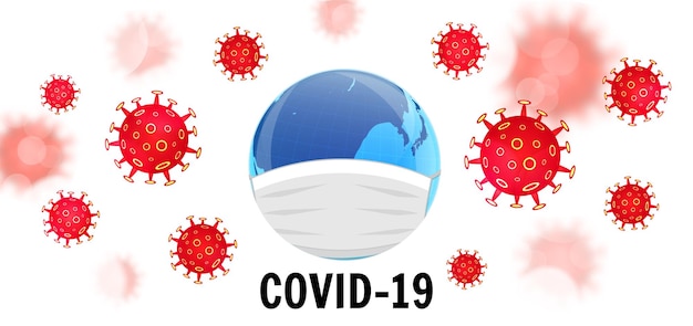 Vettore concetto di coronavirus covid19 terra in una maschera medica focolaio pericoloso di coronavirus ncov concetto medico pandemico con cellule pericolose