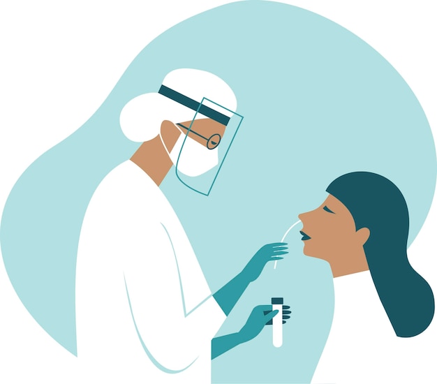 Vector coronavirus covid19 diagnostics doctor wearing full antiviral protective gear making nasal swab test for patient