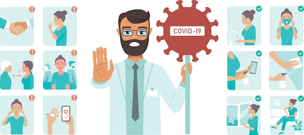 코로나바이러스 Covid19 보호 팁 Stop 기호를 들고 있는 의사 캐릭터