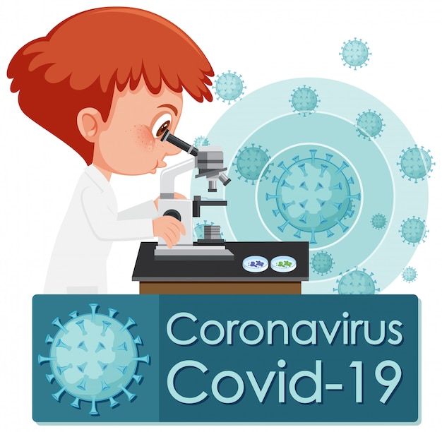 Progettazione del coronavirus con medico che osserva al microscopio