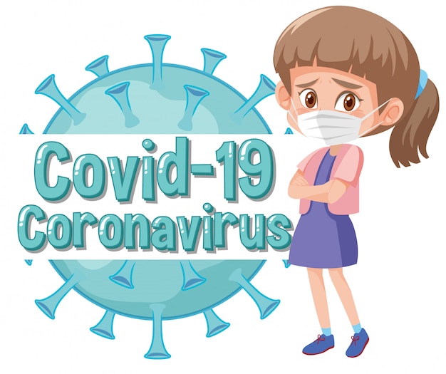 Coronavirus design with sick girl and virus cell