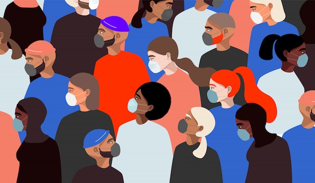 ベクトル コロナウイルス。医療用フェイスマスクを身に着けているさまざまな人々。世界的な検疫コンセプト。カラフルな女性キャラクター。手描きの男性と立っている女性。トレンディなwebとアプリのイラスト。